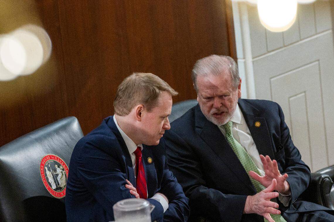 House Speaker Destin Hall, left, and Senate President Pro Tempore Phil Berger, talk before Gov. Josh Stein delivered his State of the State address to a joint session of the General Assembly on Wednesday, March 12, 2025, in the House chamber of the Legislative Building.