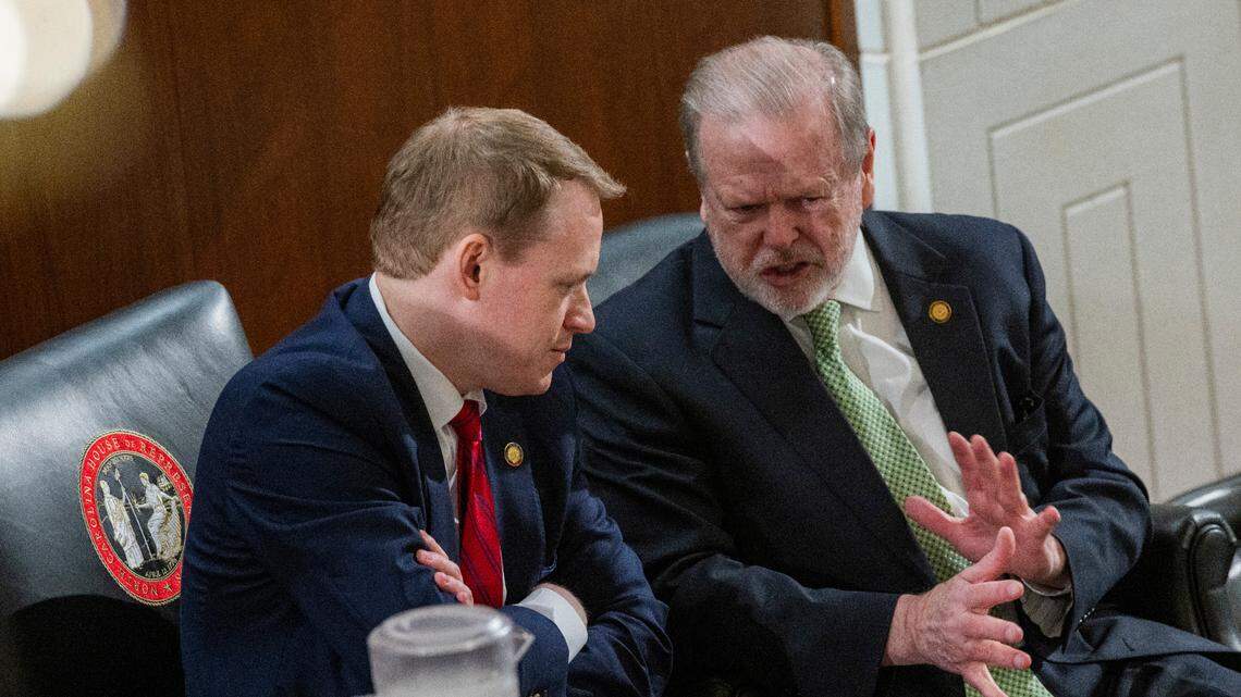 House Speaker Destin Hall, left, and Senate President Pro Tempore Phil Berger, talk before Gov. Josh Stein delivered his State of the State address to a joint session of the General Assembly on Wednesday, March 12, 2025, in the House chamber of the Legislative Building.