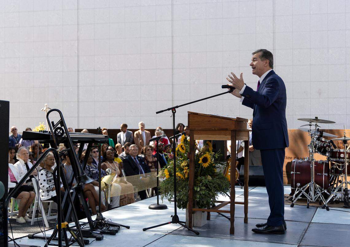 Gov. Roy Cooper speaks during a ceremony to mark the opening of North Carolina Freedom Park on Wednesday, Aug. 23, 2023, in Raleigh, N.C. The park honors the African American struggle for freedom.