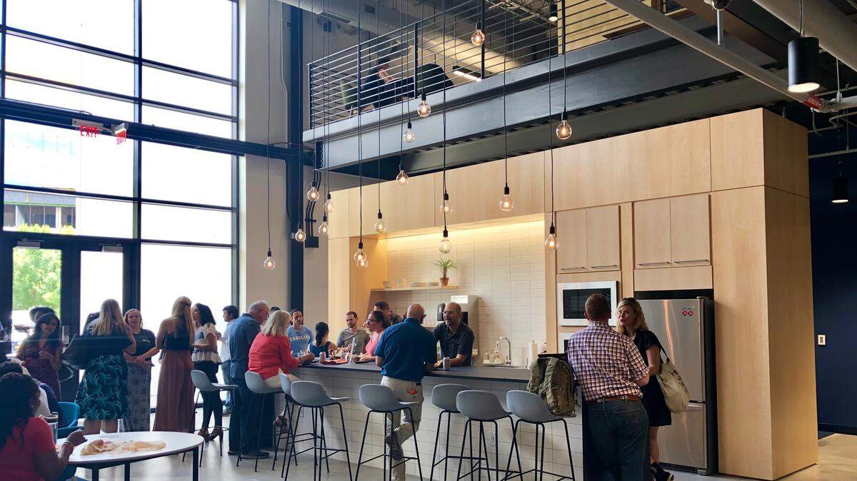 The lobby of HQ Raleigh’s new Centennial Campus space at N.C. State University.