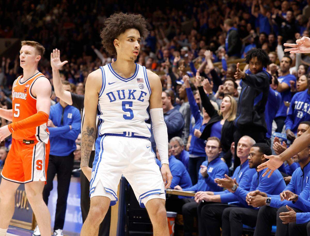Duke’s Tyrese Proctor (5) looks back at the bench after making a three-pointer during the second half of Duke’s 86-66 victory over Syracuse at Cameron Indoor Stadium in Durham, N.C., Tuesday, Jan. 2, 2024.