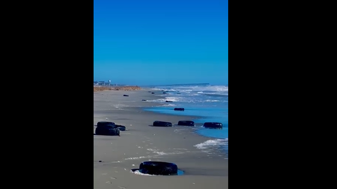 The town of Holden Beach, North Carolina, reports about 1,000 vintage tires washed out of the ocean after a coastal storm.