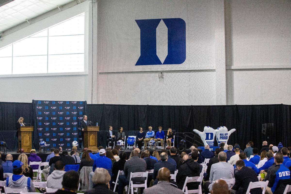Mike Elko speaks after being introduced as Duke University’s head football coach during a press conference at Pascal Field House in Durham, Monday, Dec. 13, 2021.