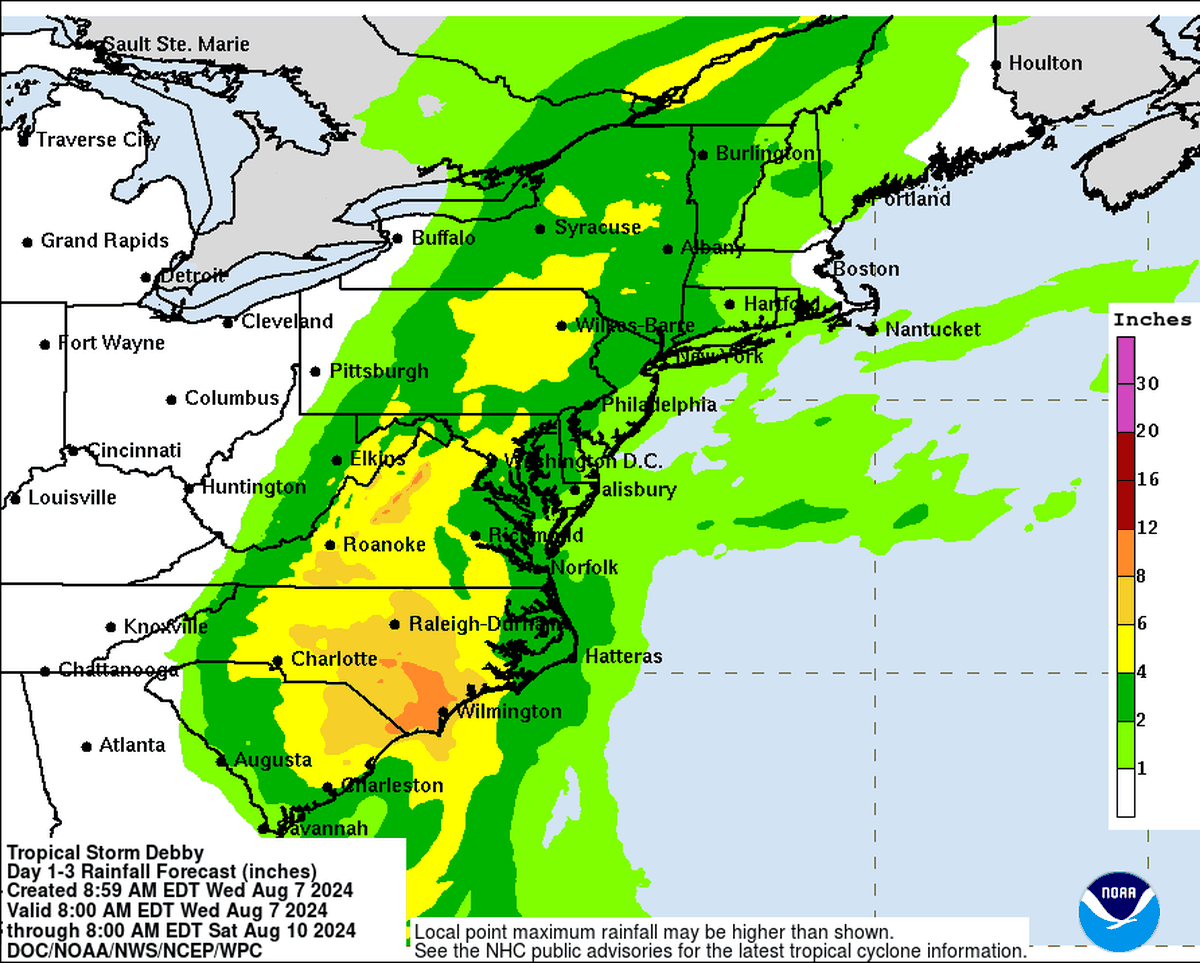 Tropical Storm Debby could drop another 3 to 9 inches of rain over parts of North Carolina through Friday. That would bring the totals for the week up to 15 inches in some parts of southeastern N.C., the National Hurricane Center said.