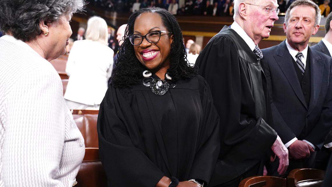 Supreme Court Associate Justice Ketanji Brown Jackson, center, chats in the House of Representatives ahead of President Joe Biden’s State of the Union address to a joint session of Congress at in March 2024. 