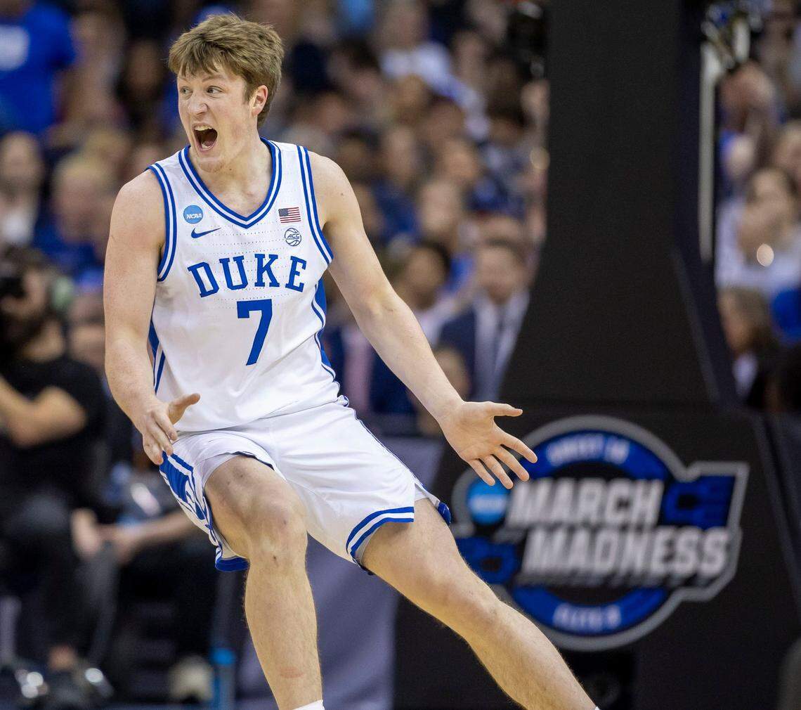 Duke guard Kon Knueppel (7) reacts after a basket to give the Blue Devils a 30-19 lead against Alabama in the first half on Saturday, March 29, 2025 during the NCAA East Regional final at Prudential Center in Newark, N.J.