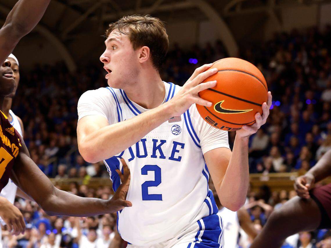 Duke’s Cooper Flagg (2) looks to pass during the first half of Duke’s game against Arizona State in the Brotherhood Run Charity Game at Cameron Indoor Stadium in Durham, N.C., Sunday, Oct. 27, 2024.