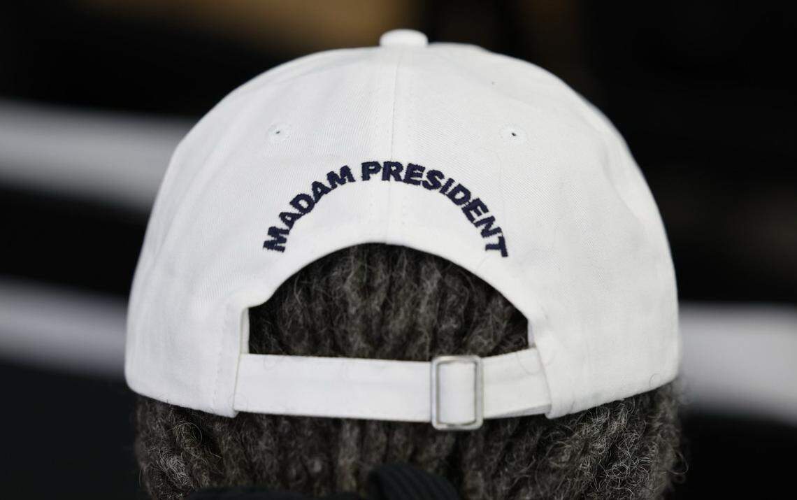 Deborah Holder of Raleigh wears a hat supporting Vice President Kamala Harris at an event in Raleigh, N.C., Friday, August 16, 2024.