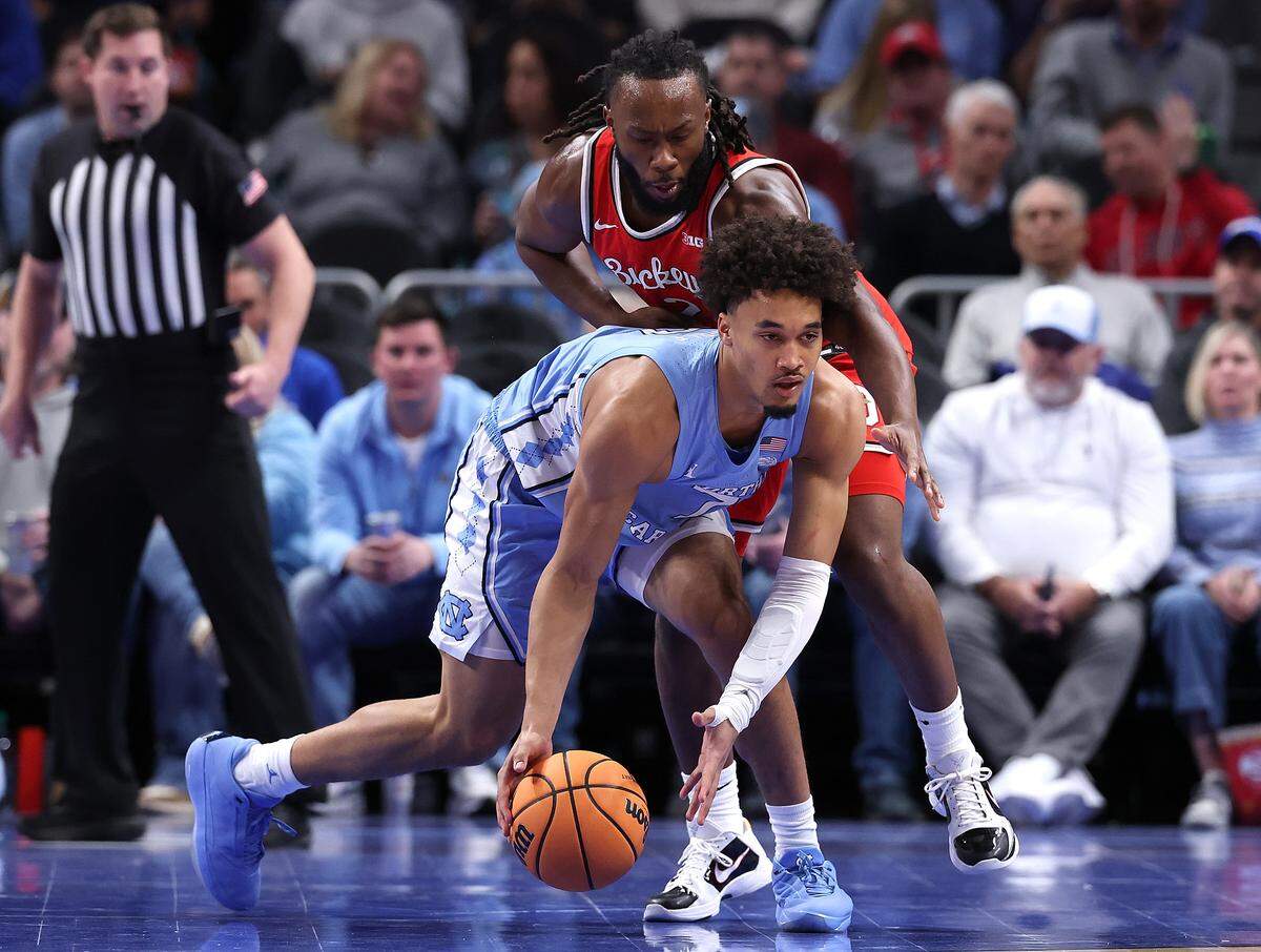 UNC’s Seth Trimble dribbles during the first half of the game between the North Carolina Tar Heels and Ohio State Buckeyes at State Farm Arena on Dec. 20, 2025 in Atlanta, Georgia.