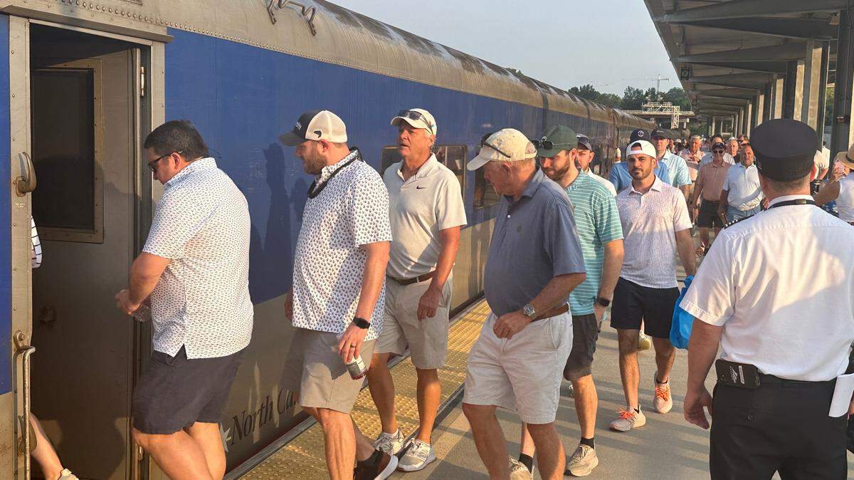 Passengers board the inaugural run of the U.S. Open Express at Raleigh Union Station on Thursday, June 13, 2024. Amtrak and the N.C. Department of Transportation are operating the special trains between Raleigh and Cary and Pinehurst during the four days of the golf tournament.