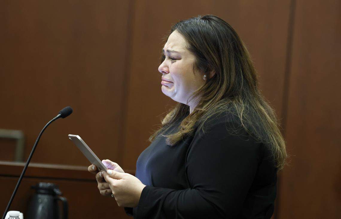 Jasmin Torres, the widow of Raleigh police officer Gabriel Torres, gives an impact statement during the sentencing hearing for Austin Thompson in Wake County Superior Court on Thursday, Feb. 5, 2026. Thompson previously pleaded guilty in the 2022 Hedingham neighborhood mass shooting.