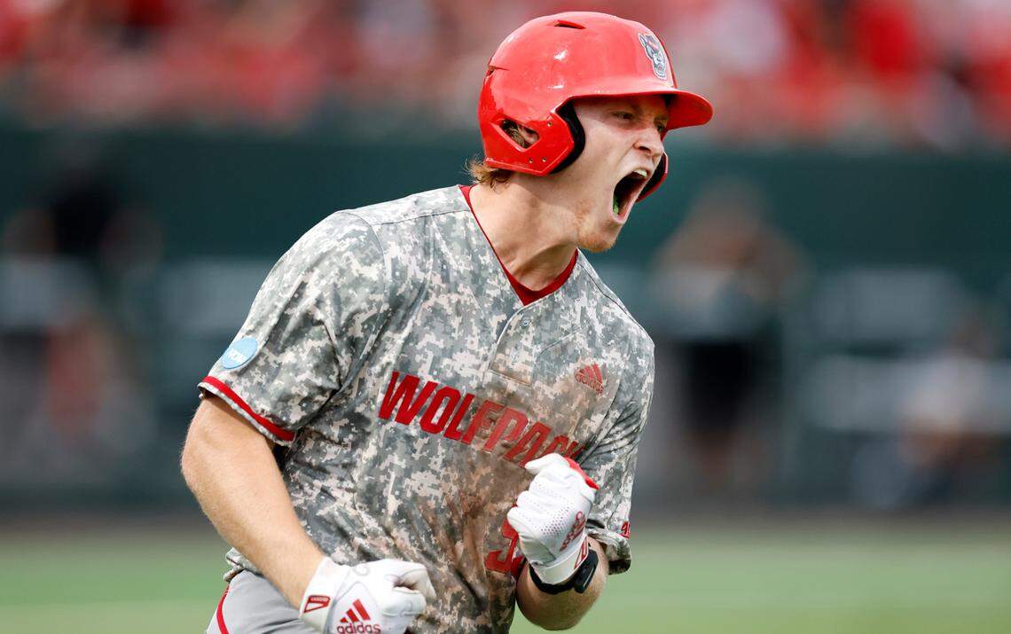 N.C. State’s Alec Makarewicz (99) celebrates hitting a solo home run in the sixth inning during N.C. State’s game against James Madison in the NCAA Raleigh Regional final at Doak Field Sunday, June 2, 2024.