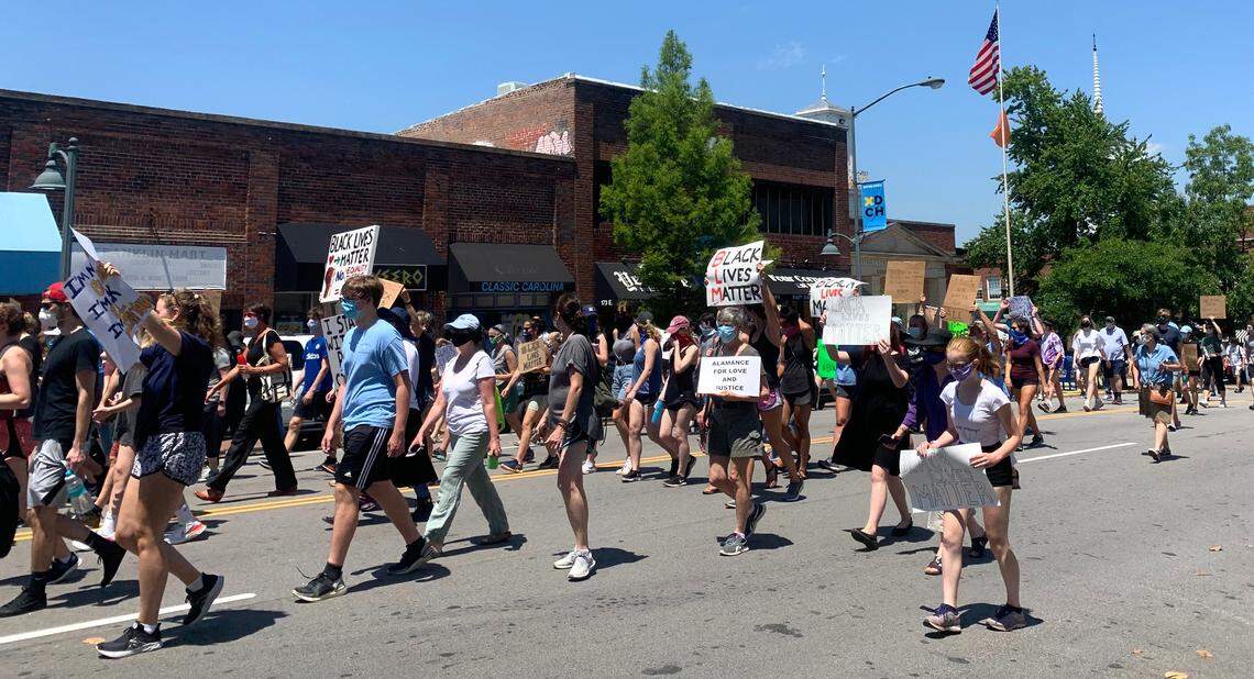 About 1,000 people gathered on the UNC-Chapel Hill campus on Wednesday, June 3, 2020, for a peaceful Black Lives Matter protest before then marching through town.
