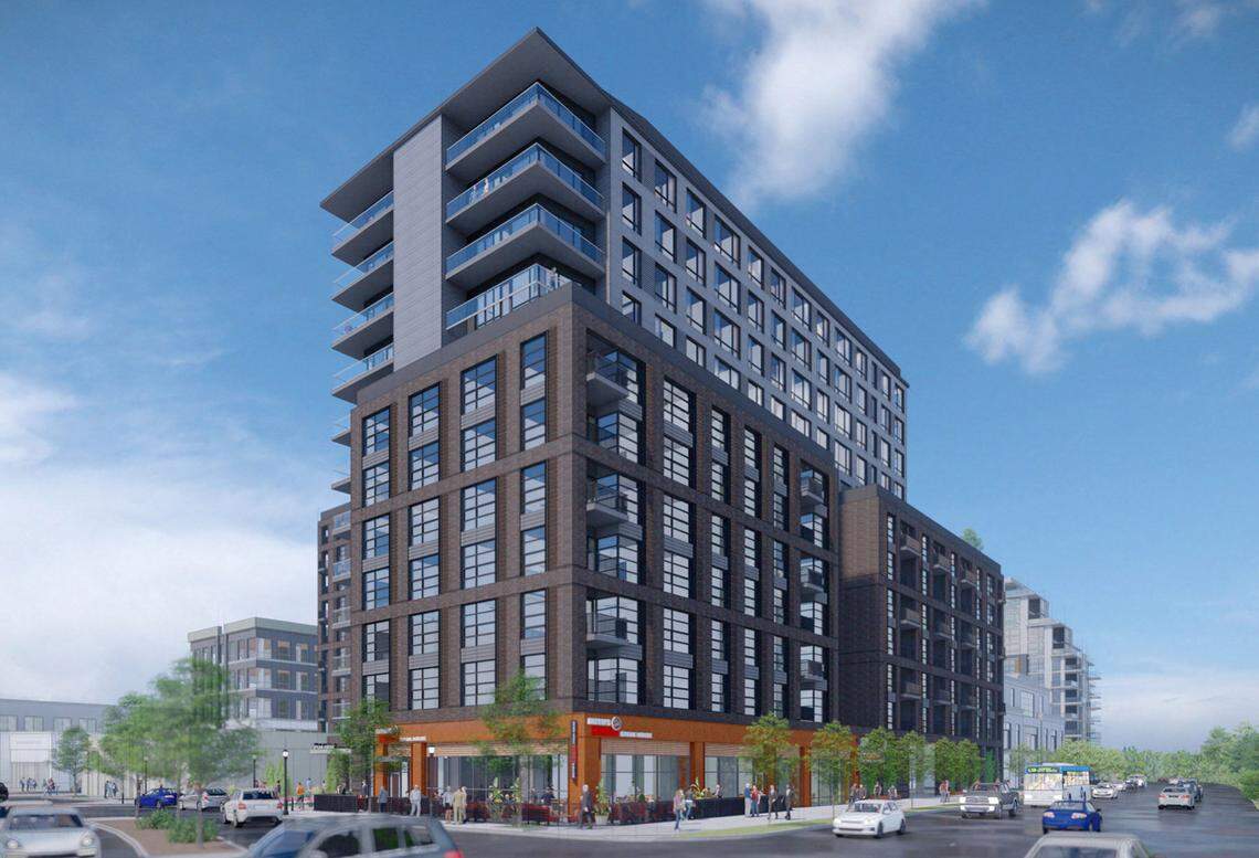 A rendering of Highland North Hills Apartments, part of John Kane Realty Corp.’s new $350 million complex in North Hills’ Main District.