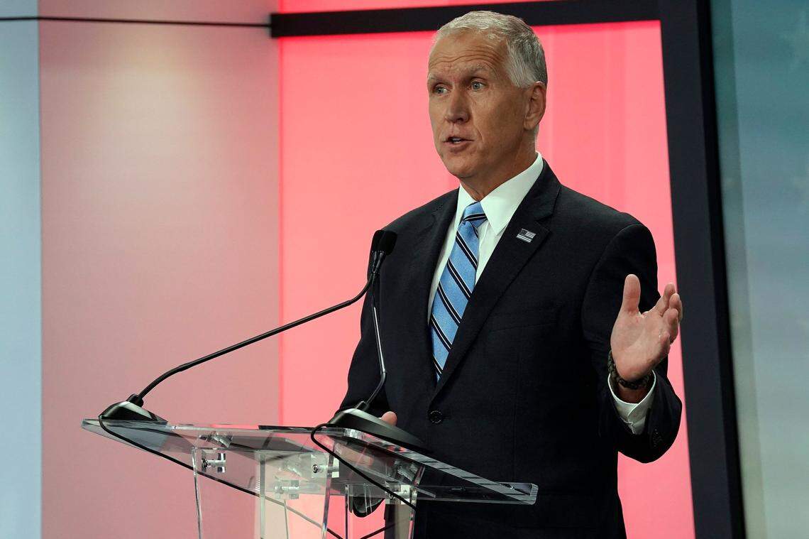 U.S. Sen. Thom Tillis, R-N.C. speaks during a televised debate with Democratic challenger Cal Cunningham at WNCN-TV in Raleigh, N.C., Tuesday, Sept. 22, 2020.