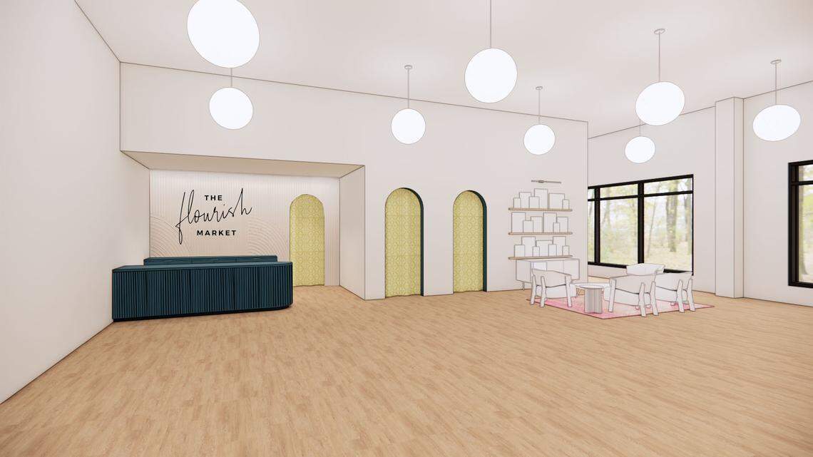 The new space for The Flourish Market in Raleigh, shown in the rendering, will be at the corner of a Raleigh Iron Works building, near Yoba Studio.