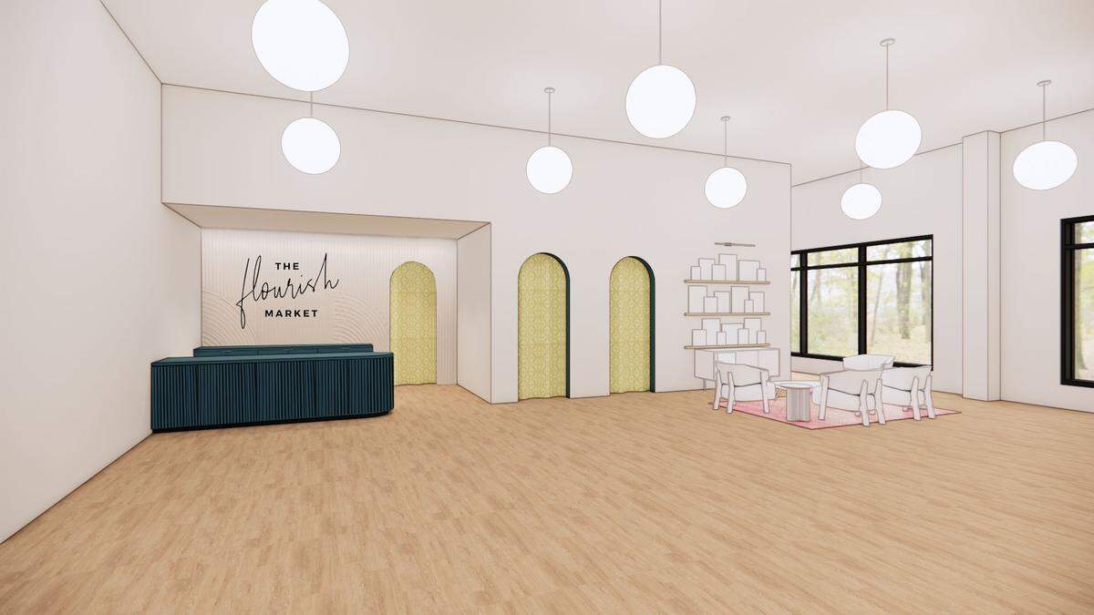The new space for The Flourish Market in Raleigh, shown in the rendering, will be at the corner of a Raleigh Iron Works building, near Yoba Studio.