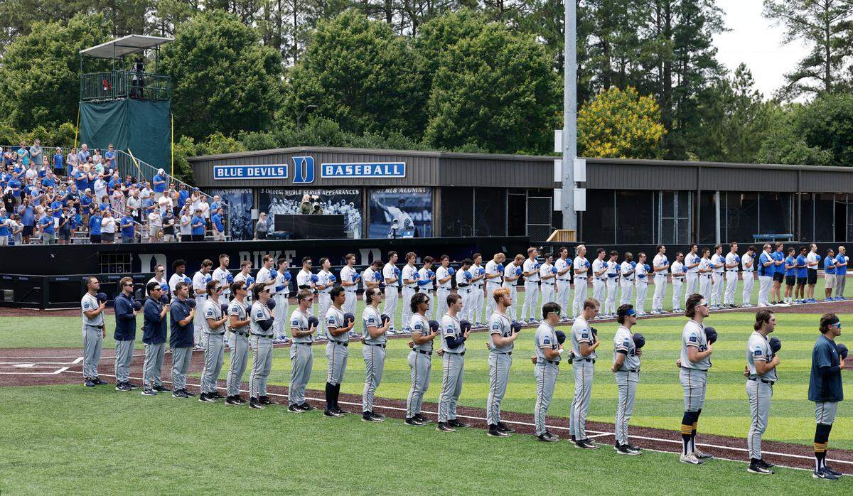 Murray State and Duke line up the national anthem before their first game of Durham Super Regional at Jack Coombs Field in Durham, N.C., Sat. June 7, 2025.