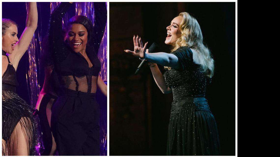 At left, Ariana DeBose dances a scene from Chicago in “Step Into the Movies with Derek & Julianne Hough” and at right, Adele in concert in the NBC special “An Audience with Adele.”
