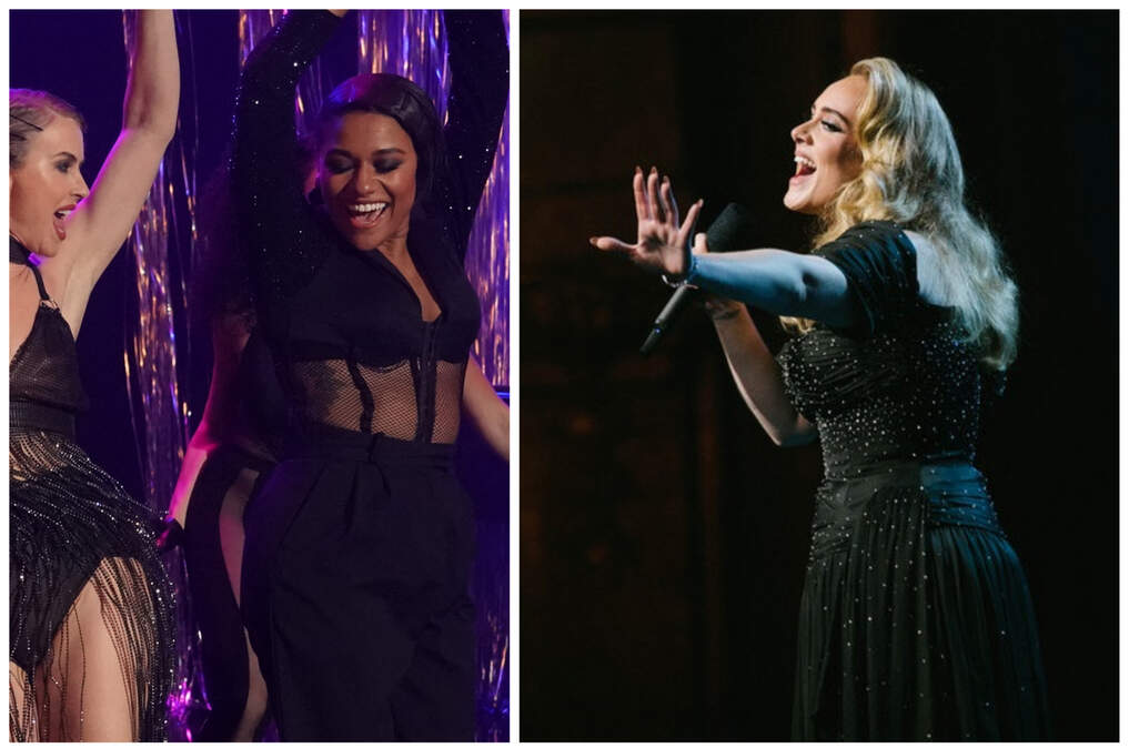 At left, Ariana DeBose dances a scene from Chicago in “Step Into the Movies with Derek & Julianne Hough” and at right, Adele in concert in the NBC special “An Audience with Adele.”