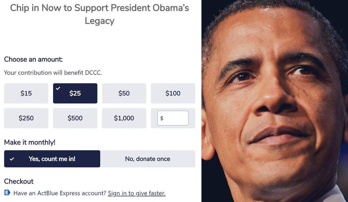The Democratic Congressional Campaign Committee’s fundraising webpage shows a checked opt-in box for recurring donations.