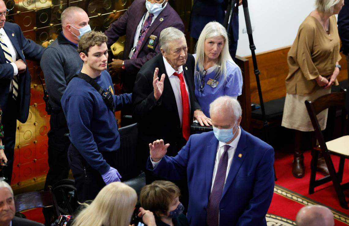 Rep. William Brisson takes the oath of office after returning to the floor after leaving the floor for medical assistance during the opening session of the N.C. House of Representatives Wednesday, Jan. 11, 2023.