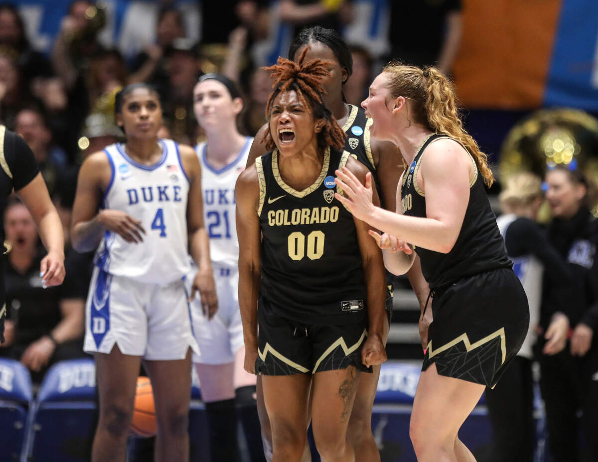 Colorado’s Jaylyn Sherrod reacts after being fouled during the second half of the Buffaloes’ 61-53 win over Duke in an NCAA Tournament second round game at Cameron Indoor Stadium on Monday, March 20, 2023, in Durham, N.C.