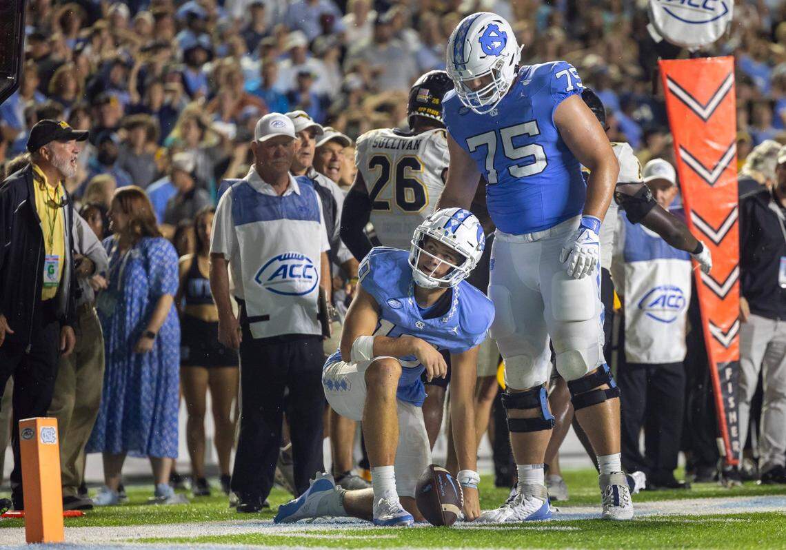 North Carolina quarterback Drake Maye (10) reacts after failing to score on a two-point conversion following a touchdown to give the Tar Heels’ a 40-34 lead over Appalachian State on Saturday September 9, 2023 at Kenan Stadium in Chapel Hill, N.C.