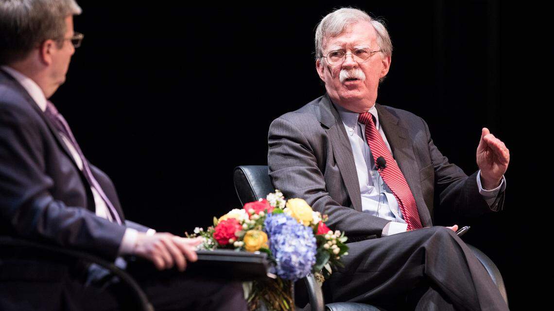 Former national security adviser to President Trump, John Bolton, speaks to Peter Feaver, a professor of political science and public policy at Duke University, during a free lecture in Duke’s Page Auditorium on Monday, Feb, 17, 2020. The event was held by Duke’s Program in American Grand Strategy.