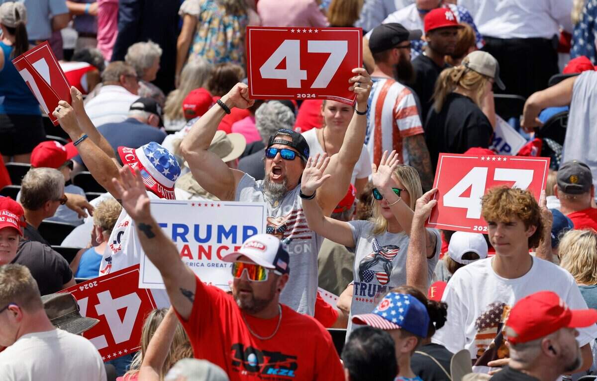 The crowd cheers before remarks by former President and current Republican candidate for president Donald Trump in Asheboro, N.C., Wednesday, August 21, 2024.