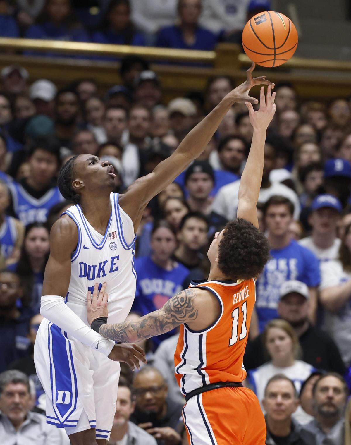 Duke’s Dame Sarr (7) blocks the shot by Syracuse's Naithan George (11) during the first half of Duke’s game against Syracuse at Cameron Indoor Stadium in Durham, N.C., Monday, Feb. 16, 2026.