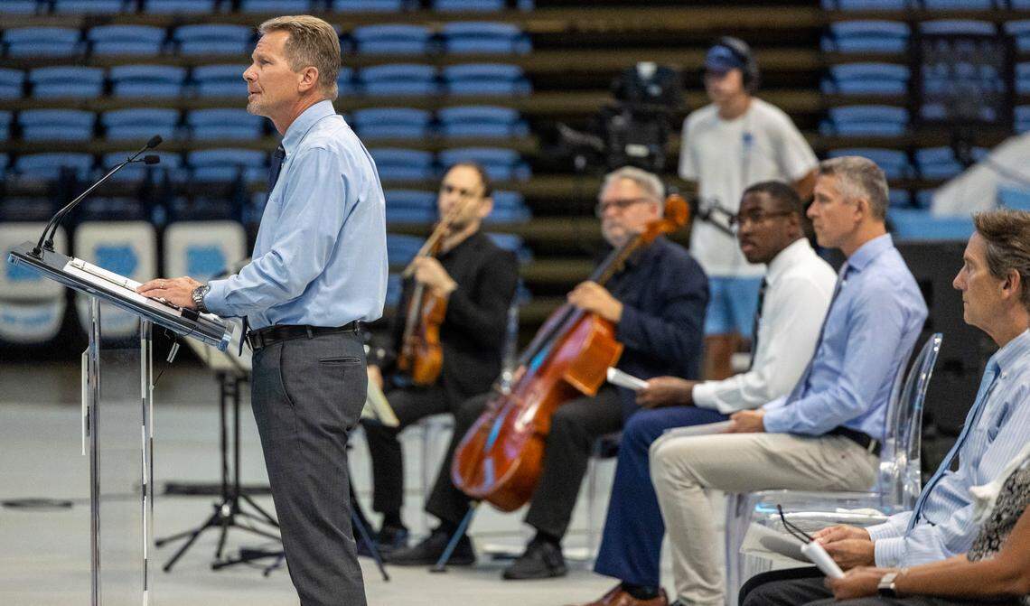 UNC-Chapel Hill Chancellor Kevin Guskiewicz speaks during a candle light vigil Friday, Aug 30, 2023 at the Dean Smith Center in honor of professor Zijie Yan who was shot and killed on campus on Monday.