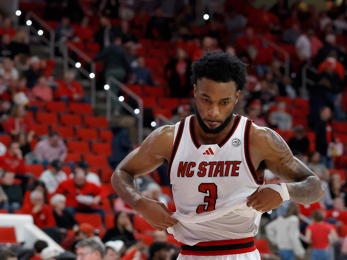 N.C. State’s Dontrez Styles walks off the court following the Wolfpack’s 65-62 loss to California on Saturday, Jan. 18, 2025, at Lenovo Center in Raleigh, N.C.