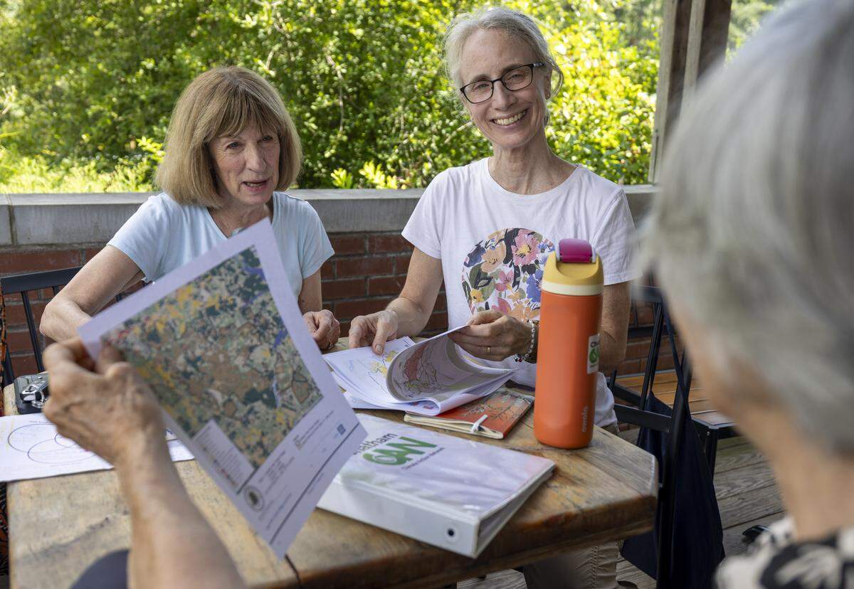 Chatham Climate Action Network members Vickie Atkinson, left, and Lenore Yarger, talk with Betsy Kraus at the Chatham Marketplace on Tuesday, July 29, 2025 in Pittsboro, N.C.  The Chatham Climate Action Network was formed from their book club after reading “All We Can Save”, which explores solutions to the climate crisis.