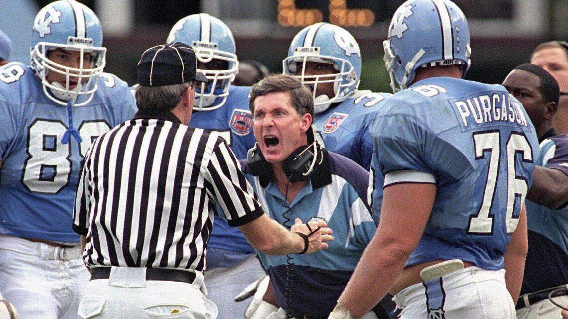 North Carolina head football coach Mack Brown, shown in a 1994 file photo, screams at an ACC referee following a reversal of a touchdown scored by the Tar Heels.