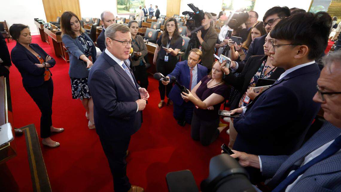 North Carolina House Speaker Tim Moore speaks with the media after the N.C. House session in Raleigh, N.C., Wednesday, June 21, 2023.