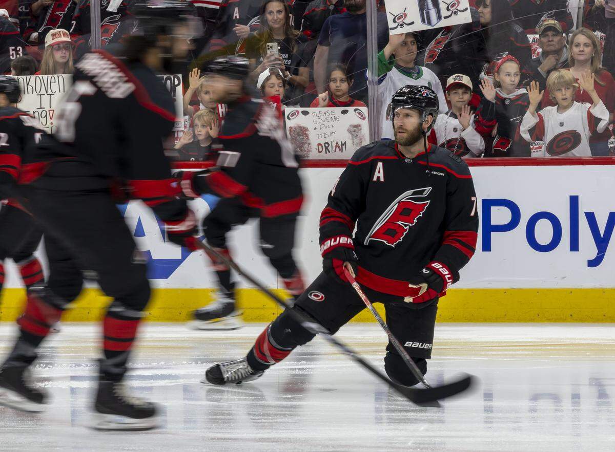 Carolina Hurricanes defenseman Jacoob Slavin (74) stretches during warm ups ahead of Game 5 of the Eastern Conference Finals on Friday, May 29, 2026 at Lenovo Center in Raleigh, N.C.
