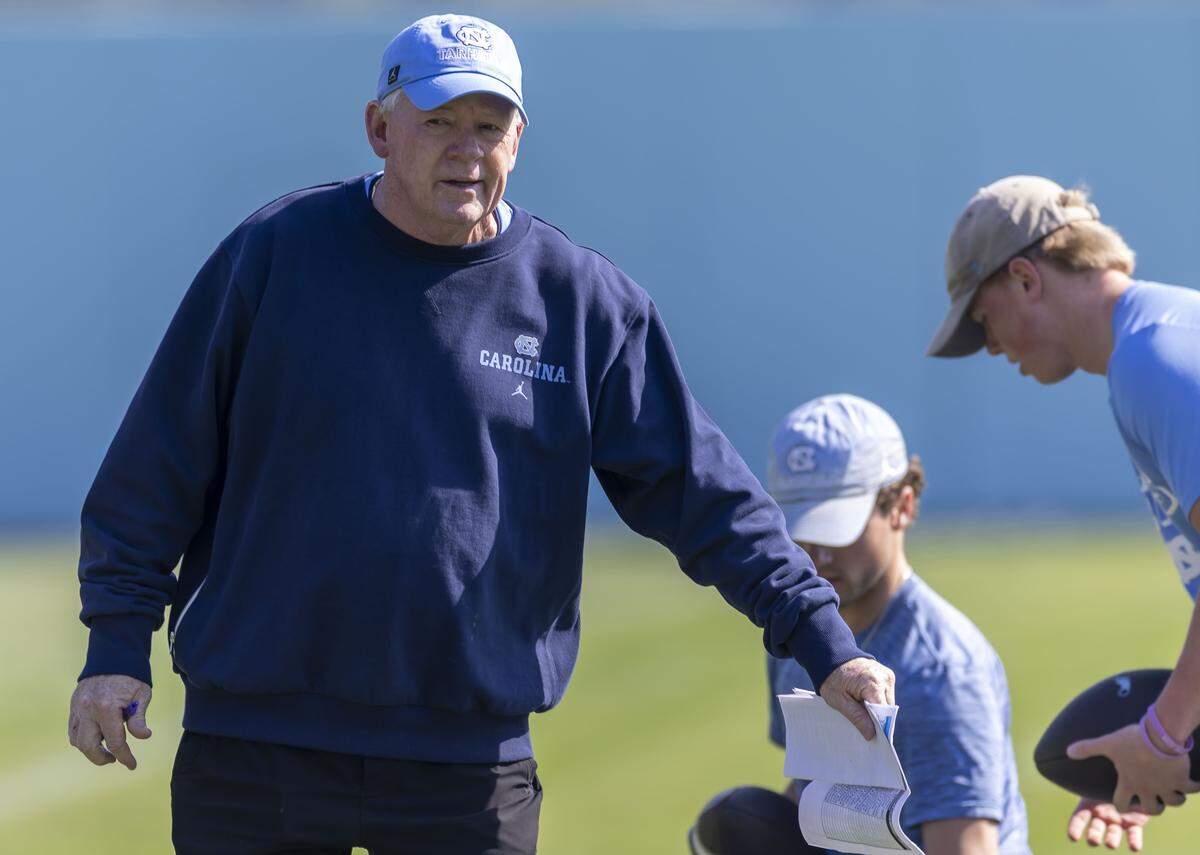 North Carolina offensive coordinator Bobby Petrino watches the Tar Heels’ practice on Tuesday, March 24, 2026, at Kenan Stadium Chapel Hill, N.C.