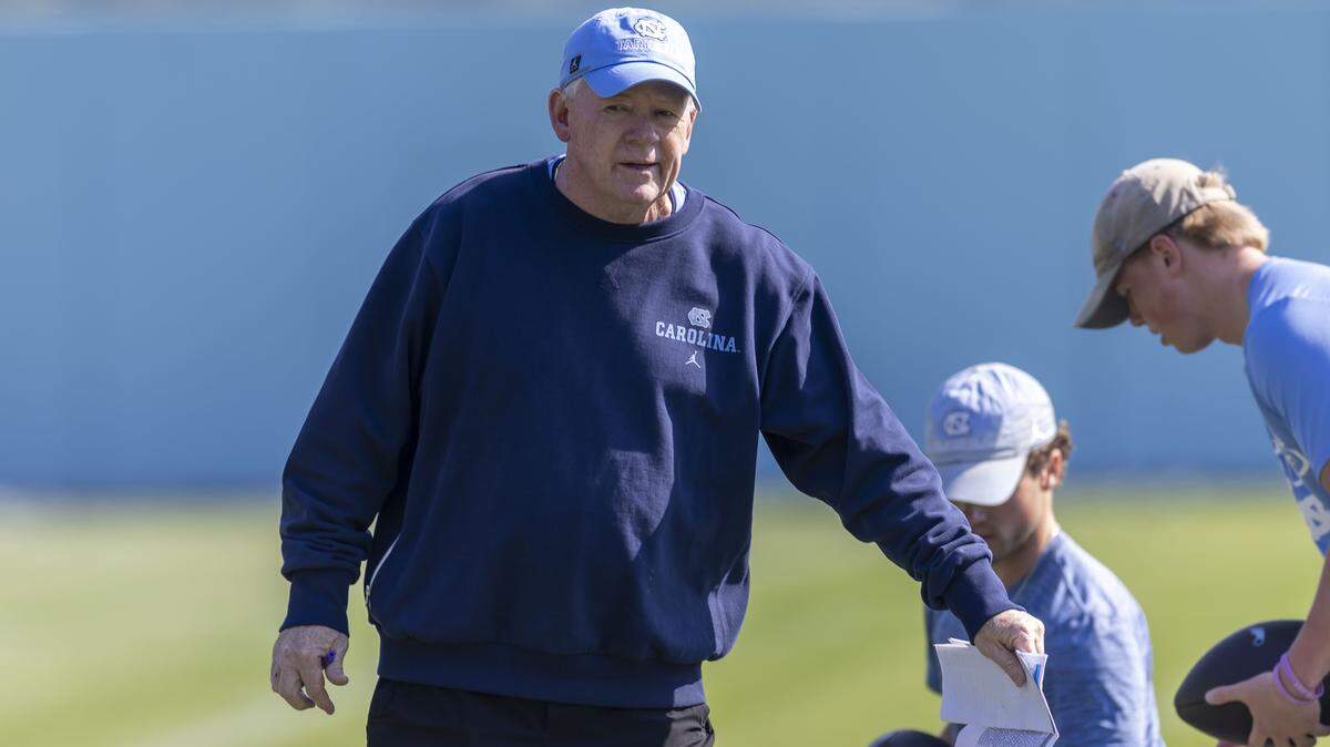North Carolina offensive coordinator Bobby Petrino watches the Tar Heels’ practice on Tuesday, March 24, 2026, at Kenan Stadium Chapel Hill, N.C.