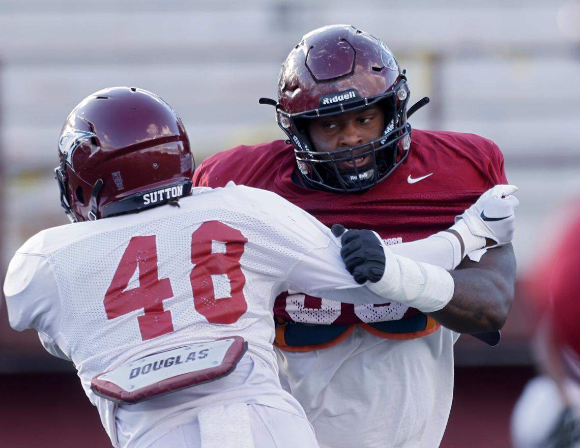 Robert Mitchell, right, goes up against Solomon Sutton during North Carolina Central football practice on Tuesday, Oct. 18, 2022, at O’Kelly-Riddick Stadium in Durham, N.C.