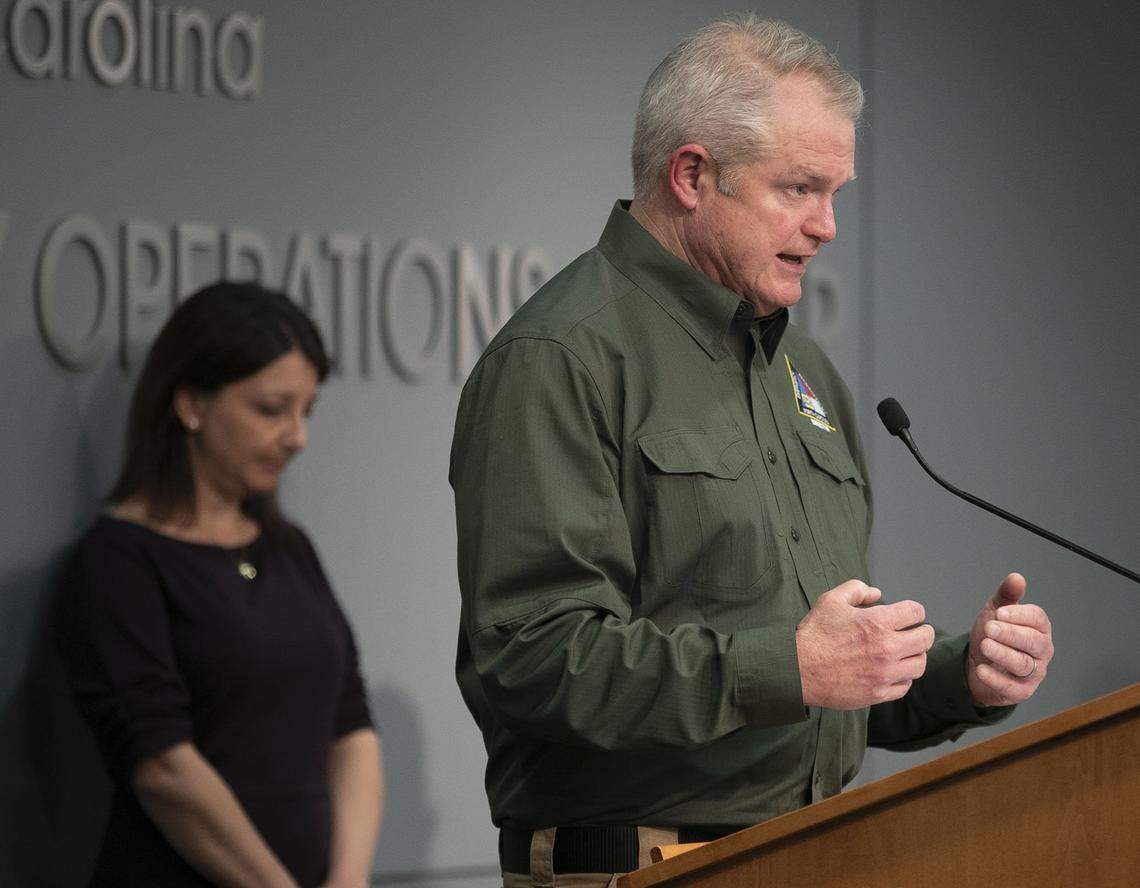 Mike Sprayberry, Director of Emergency Management, fields questions about FEMA aid during a press briefing on the COVID-19 virus on Wednesday, April 8, 2020 at the Emergency Operations Center in Raleigh, N.C.