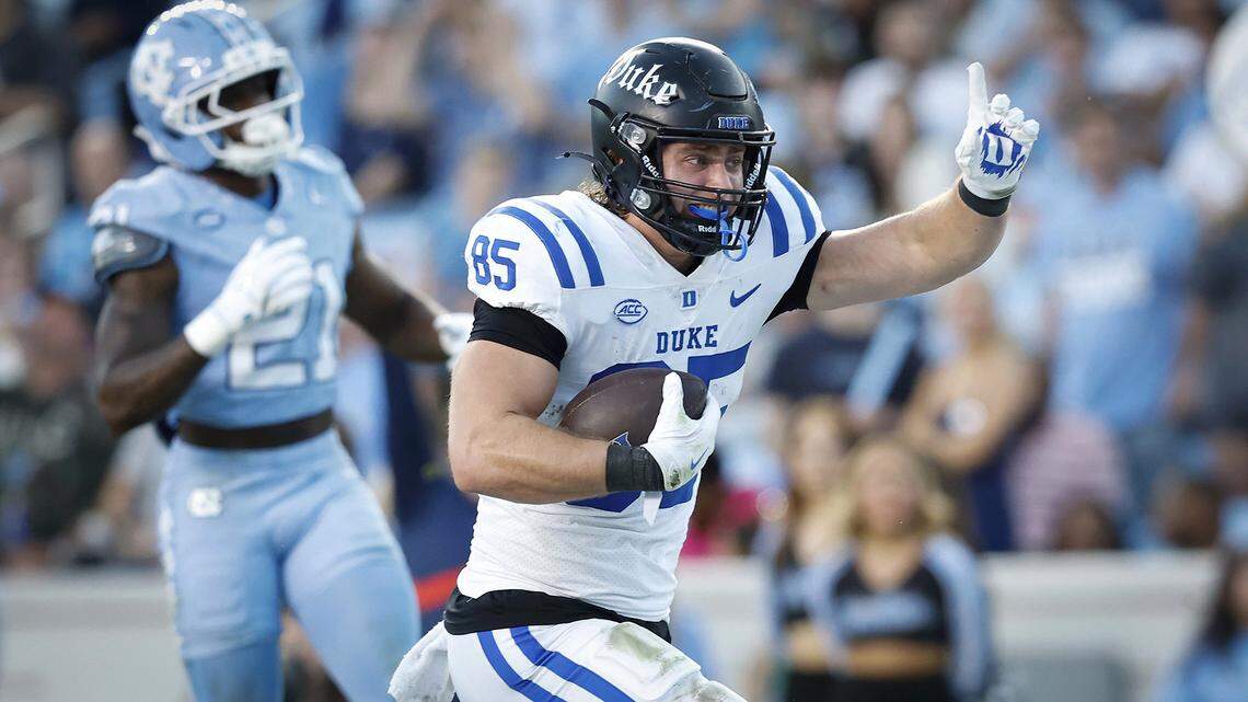 Duke’s Jeremiah Hasley runs the ball into the end zone for a touchdown during the first half of the Blue Devils’ game against North Carolina on Saturday, Nov. 22, 2025, at Kenan Stadium in Chapel Hill, N.C.