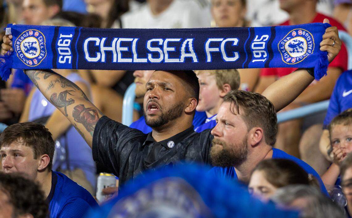 Chris Mathews of Norfolk, Va. shows this support for Chelsea after a goal by Chelsea’s Ben Chilwel in the second half of their FC Series game against Wrexham on Wednesday, July 19, 2023 at Kenan Stadium in Chapel Hill, N.C.