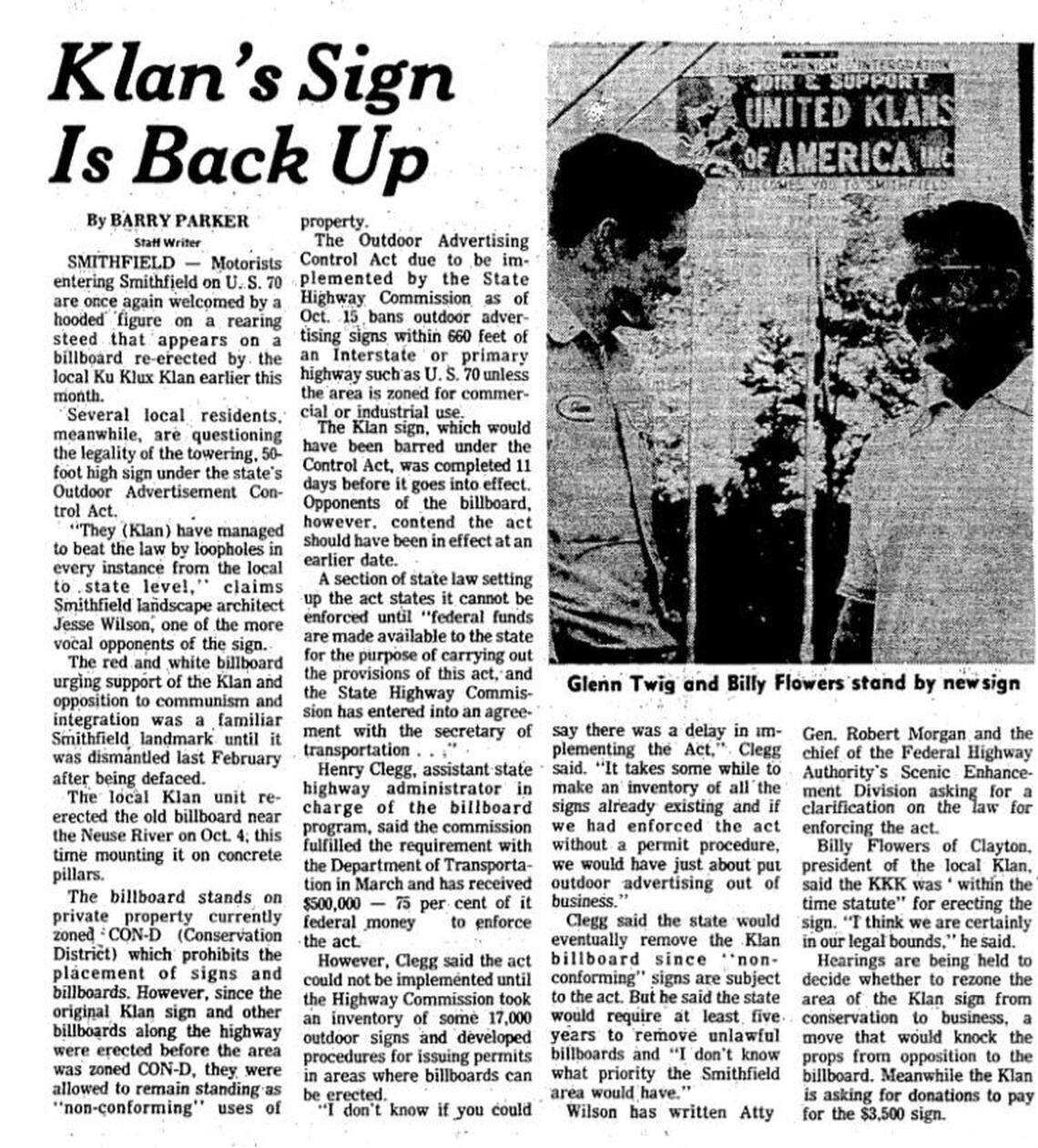 An article in The News & Observer on Oct. 12, 1972, about the re-erection of a “Klan Country” sign outside Smithfield in Johnston County.