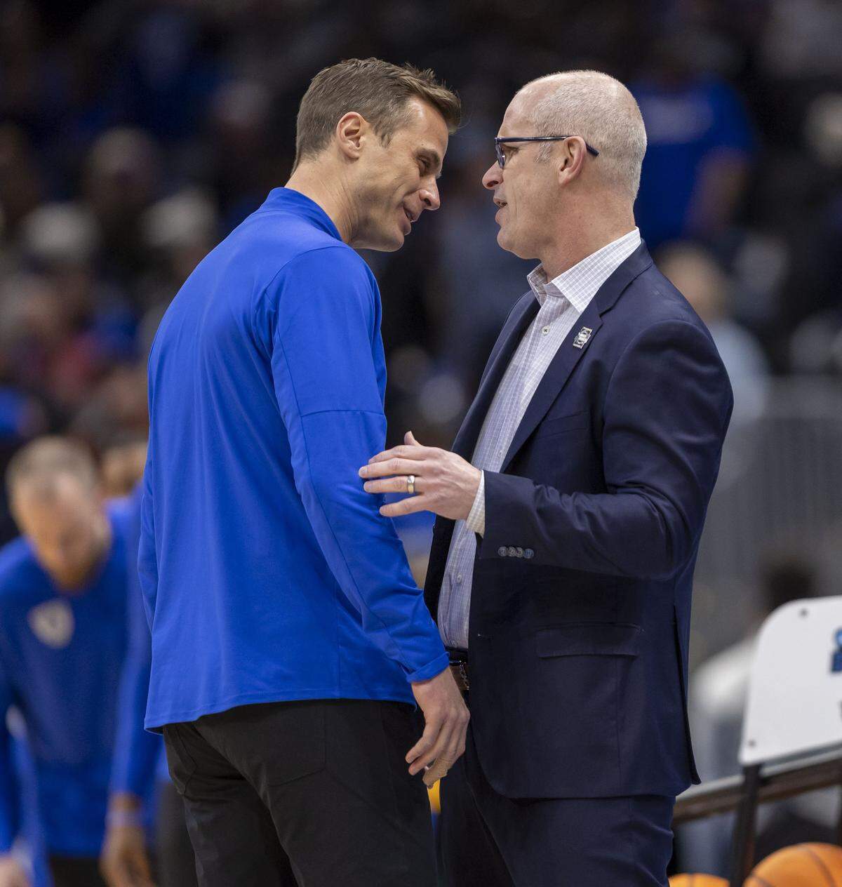 Connecticut coach Danny Hurley greets Duke coach Jon Scheyer prior to their game on Sunday, March 29, 2026, in the NCAA East Regional Championship, at Capital One Arena in Washington, D.C.