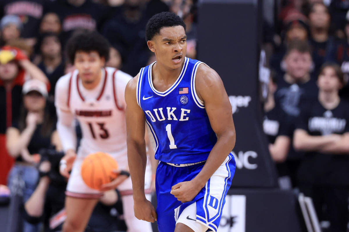 Caleb Foster of the Duke Blue Devils reacts during their game against the Louisville Cardinals at KFC YUM! Center on January 06, 2026 in Louisville, Kentucky.