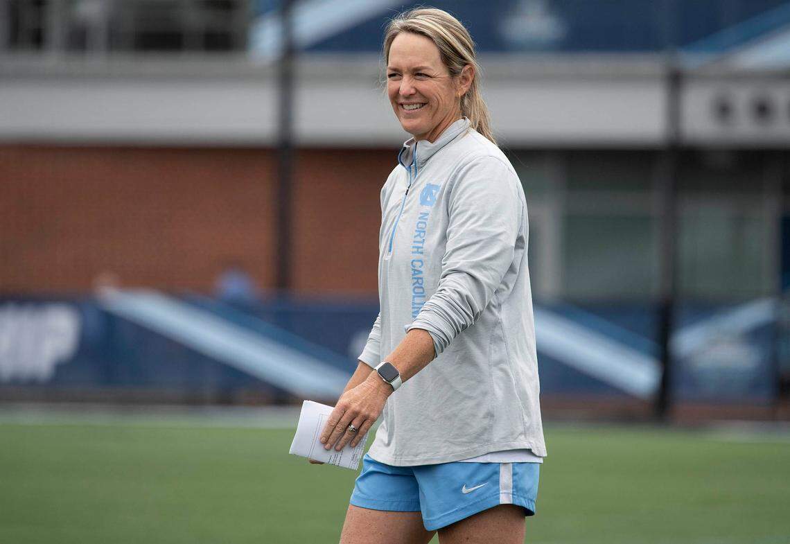 UNC women’s lacrosse head coach Jenny Levy is photographed Thursday, May 26, 2022, at Homewood Field at John Hopkins University. On May 29, North Carolina won its third NCAA championship after defeating Boston College. Levy has the third most career wins in NCAA Division I history and was named National Coach of the Year for the third time by the Intercollegiate Women’s Lacrosse Coaches Association.