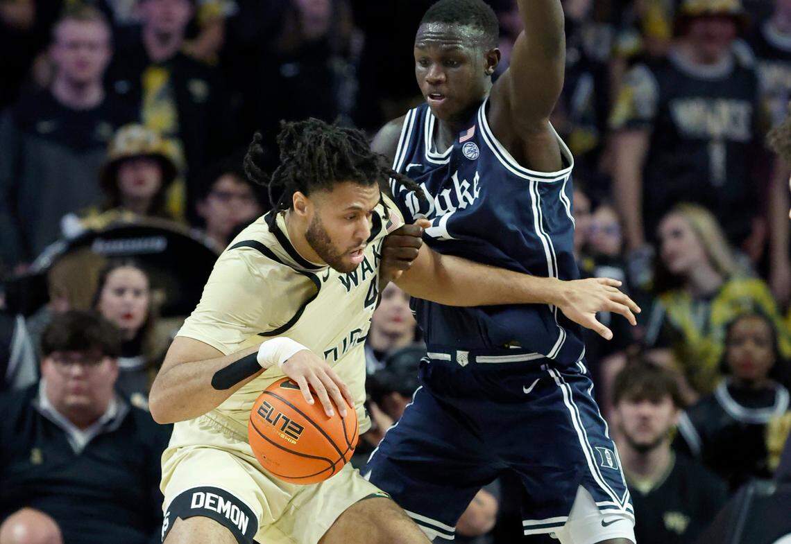 Duke’s Khaman Maluach (9) defends Wake Forest’s Efton Reid III (4) during the first half of Duke’s game against Wake Forest at LJVM Coliseum in Winston-Salem, N.C., Saturday, Jan. 25, 2025.