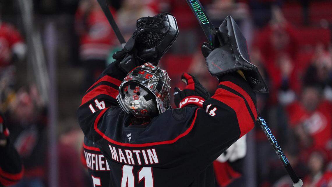 Carolina Hurricanes goaltender Spencer Martin (41) celebrates his win after the game against the Dallas Stars at Lenovo Center.