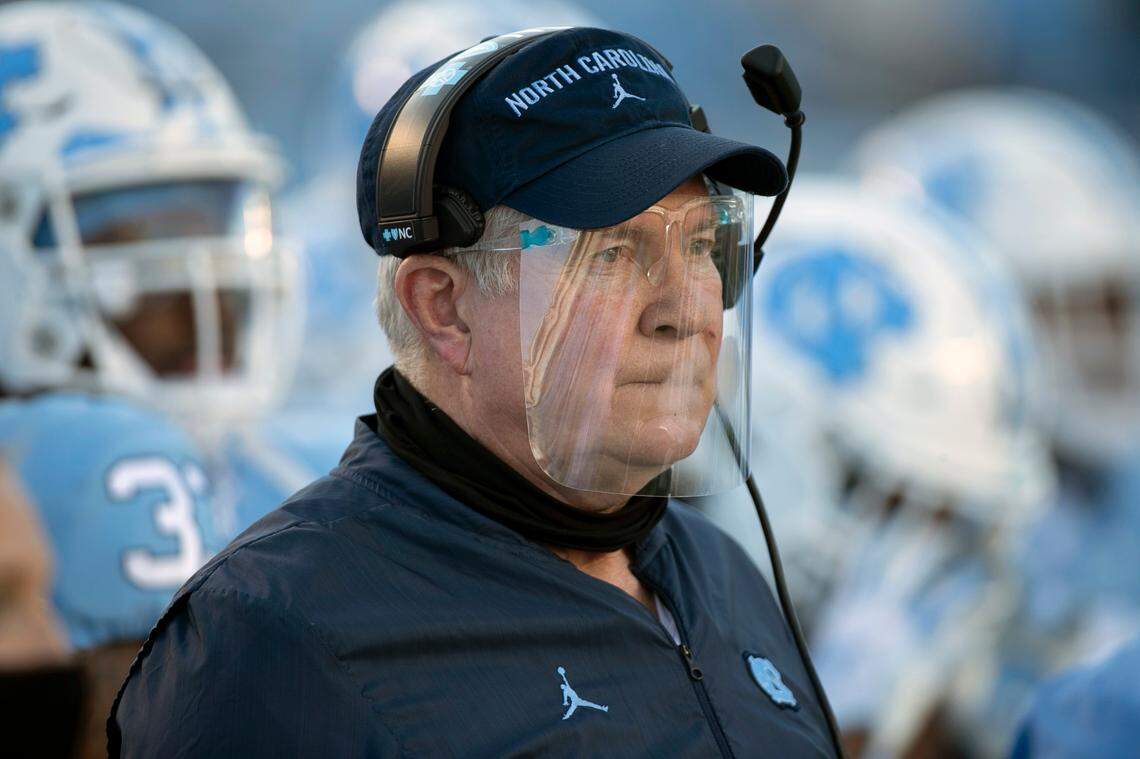 North Carolina coach Mack Brown watches his team in the first quarter against Notre Dame on Friday, November 27, 2020 at Kenan Stadium in Chapel Hill, N.C.